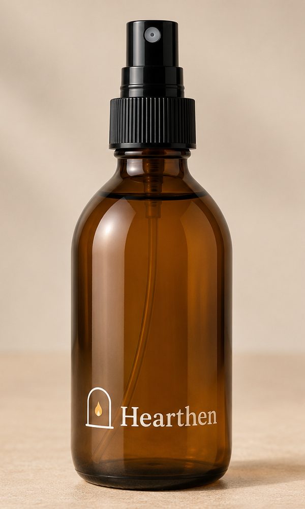 The Hearthen amber glass bottle with black atomiser and printed Hearthen mark