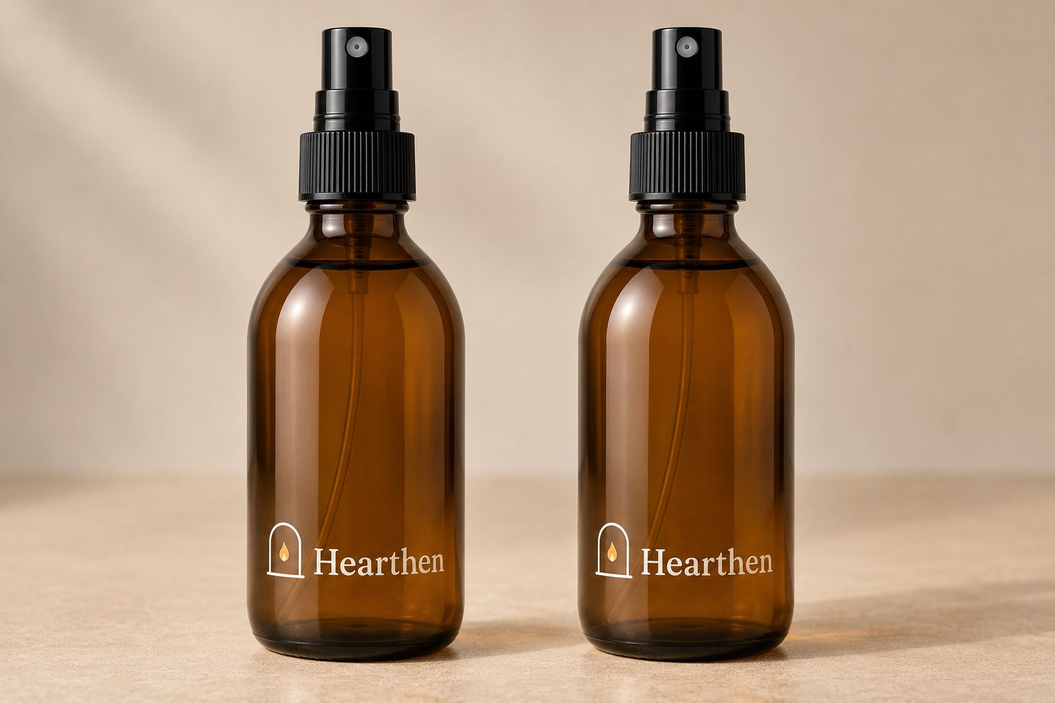 Two Hearthen Fabric Mist bottles: 250 ml amber glass with a black atomiser and the printed Hearthen mark